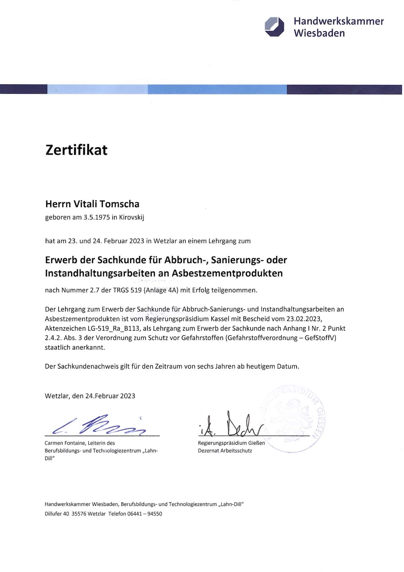 Vitali Tomscha Sachkundenachweis